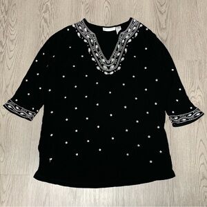 Vintage Cathy Daniels Black‎ Embroidered Tunic Top 3/4 Sleeve Size 1X